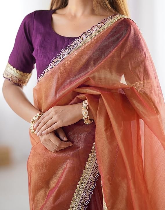 Women’s Shimmer Net Lace Border Dual Tone Saree with Unstitched Blouse Piece