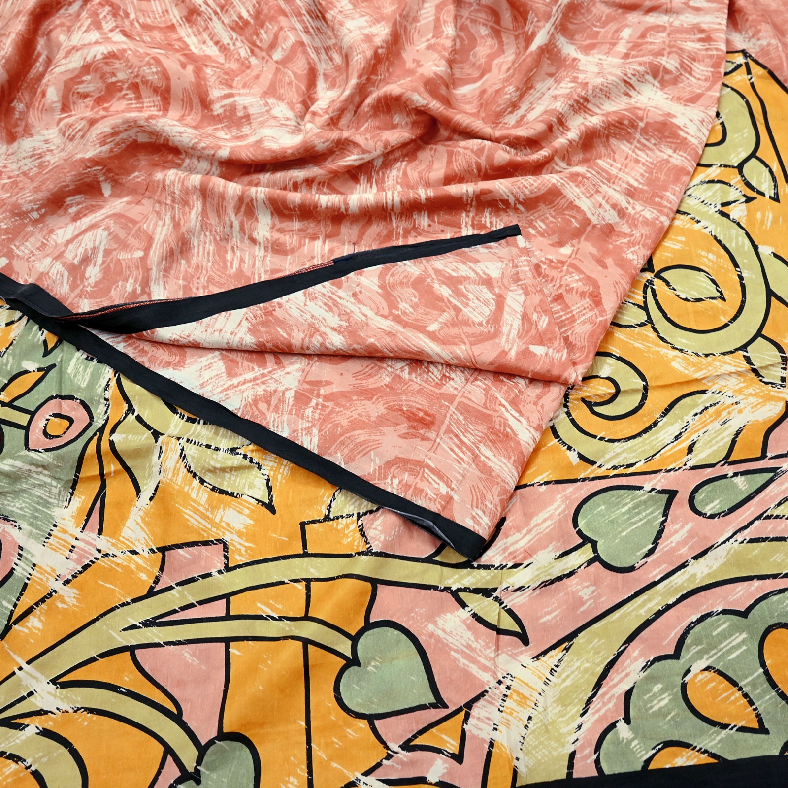 Vintage Sari Peach Pure Silk Printed Saree Craft Fabric 5yd Sewing Dressmaking