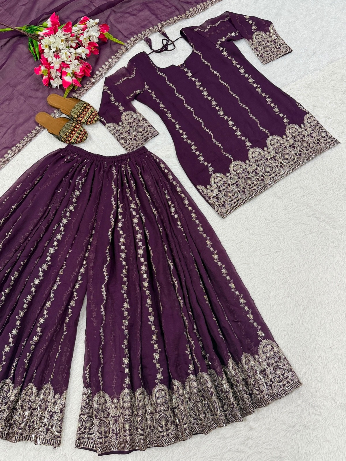 Women’s Crunchy Silk Sharara Suit Set Embroidered Kurta Dupatta Party Wear