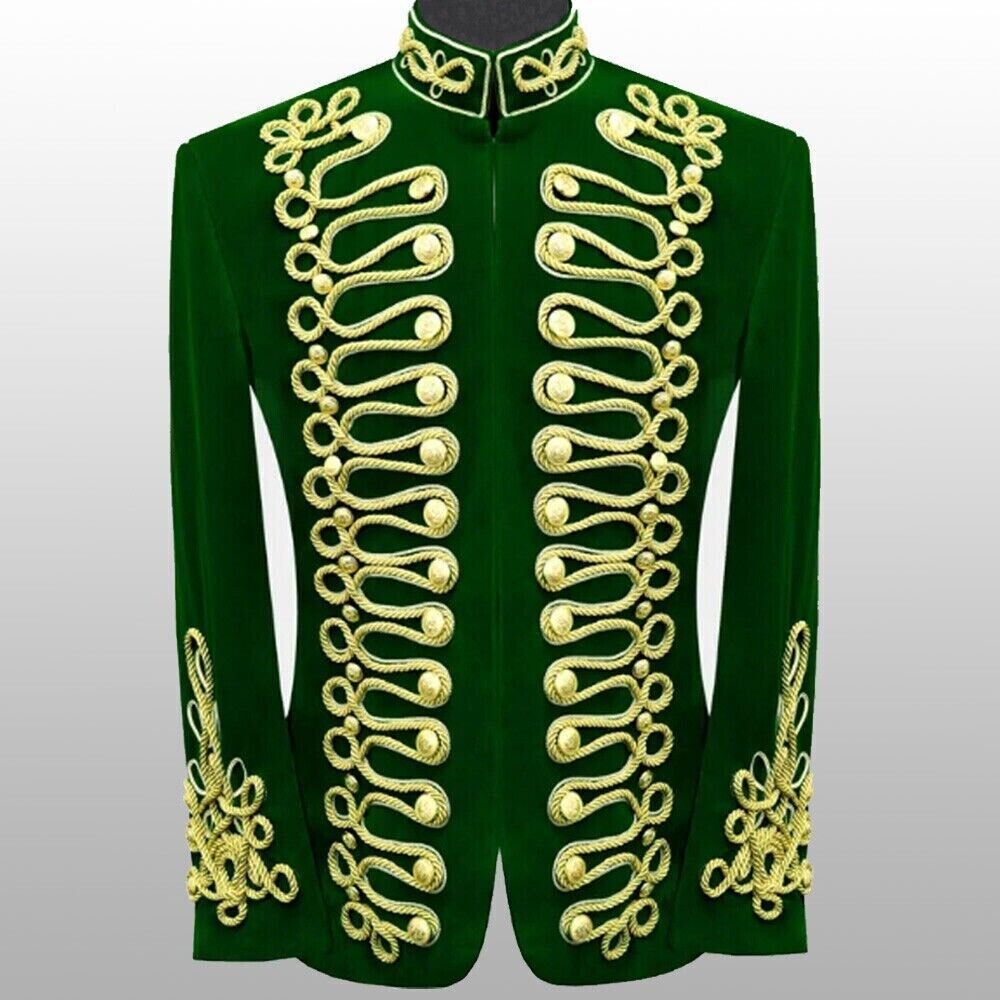 Men’s Green Hussar Velvet Jacket Military Gold Braided Jacket