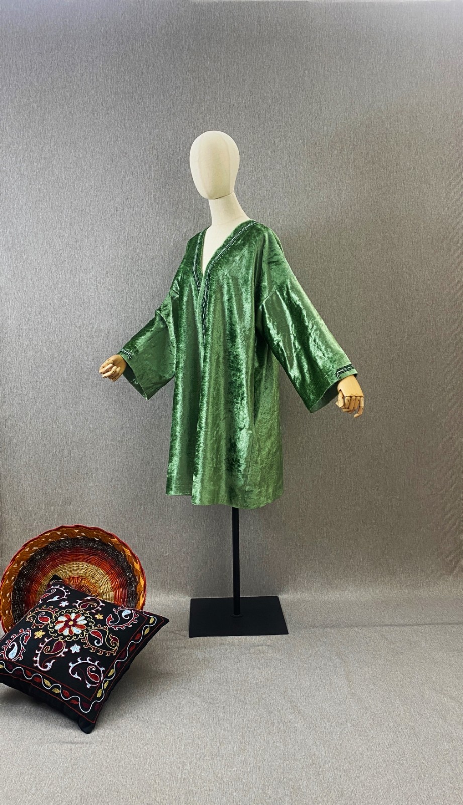 Vintage Silk Velvet Jacket Uzbek Ikat Lined Kimono OOAK Handmade Coat Pockets