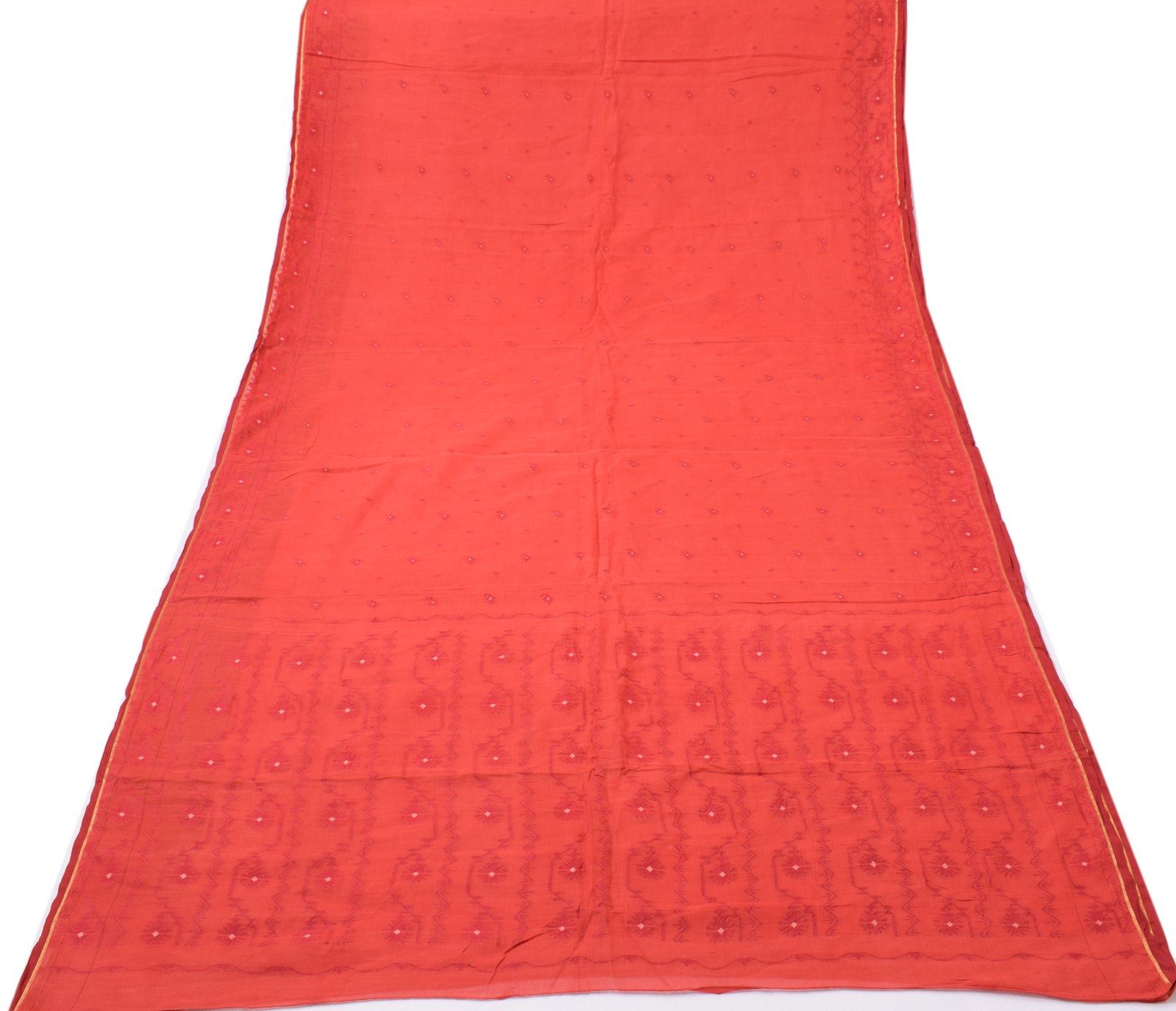 Sushila Vintage Red Saree Pure Cotton Bengal Tant Woven Floral Sari Craft Fabric