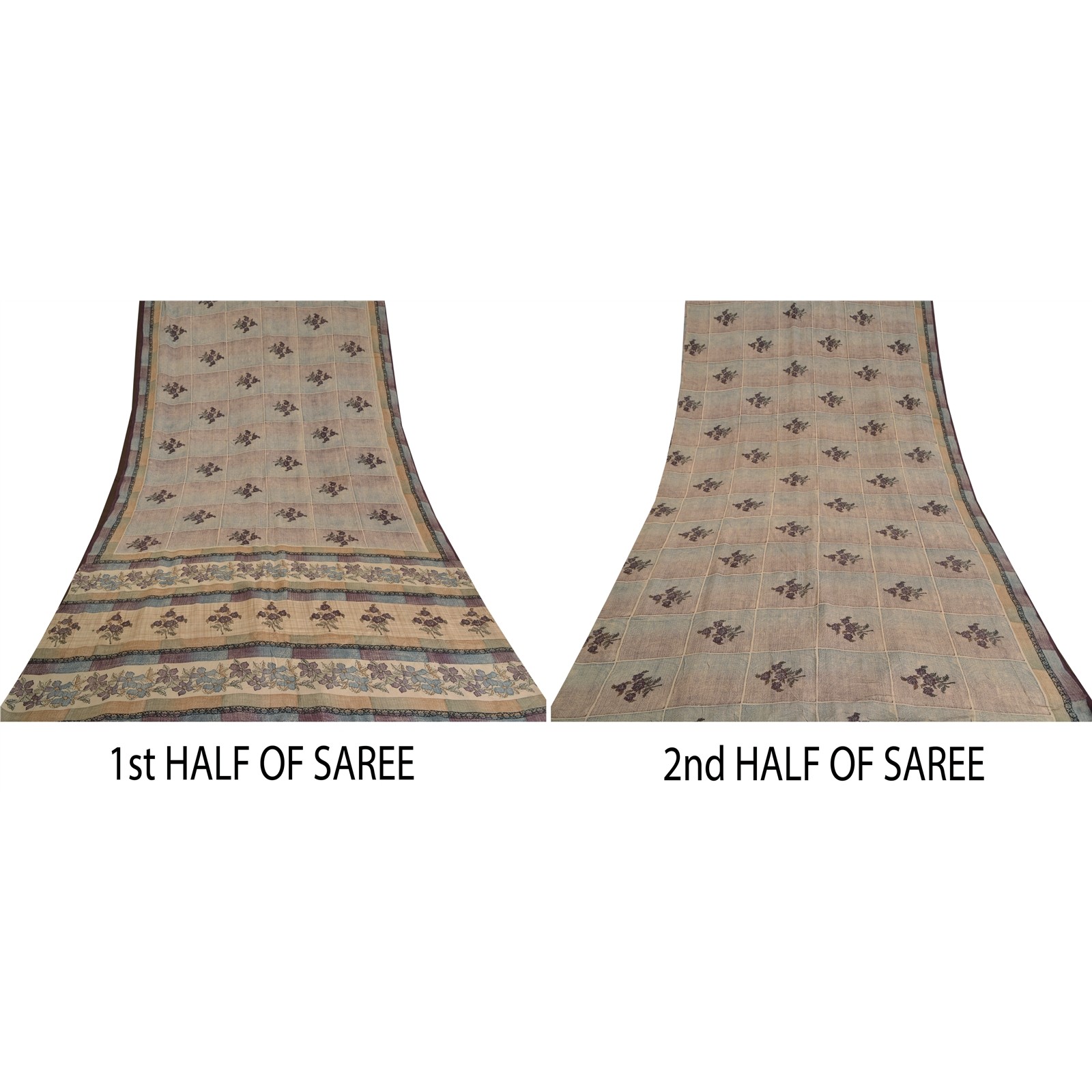 Sanskriti Vintage Sarees Pale-Cream Pure Crepe Silk Printed Sari Craft Fabric