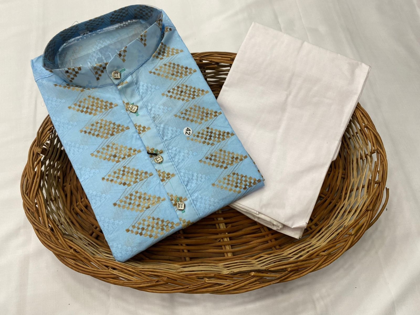 Men’s Pure Cotton Embroidered Kurta Pyjama Set Ethnic Festive Wear Baby Blue