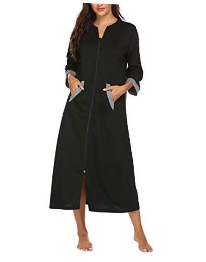 Women Zipper Robe 3/4 Sleeves Loungewear Dress Full Length Large Style 1-black