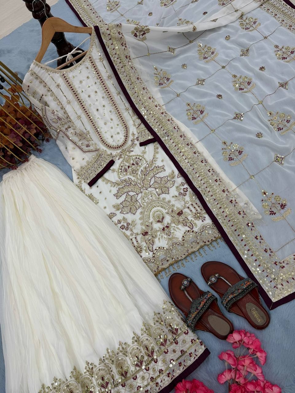 Designer Reception Wear Faux Georgette Kurta Palazzo With Dupatta For Women