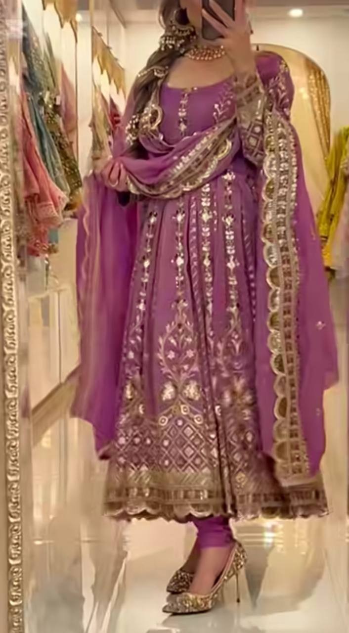 Exclusive Dusty Pink Heavy Chinon Silk Gown Bottom And Dupatta For Reception
