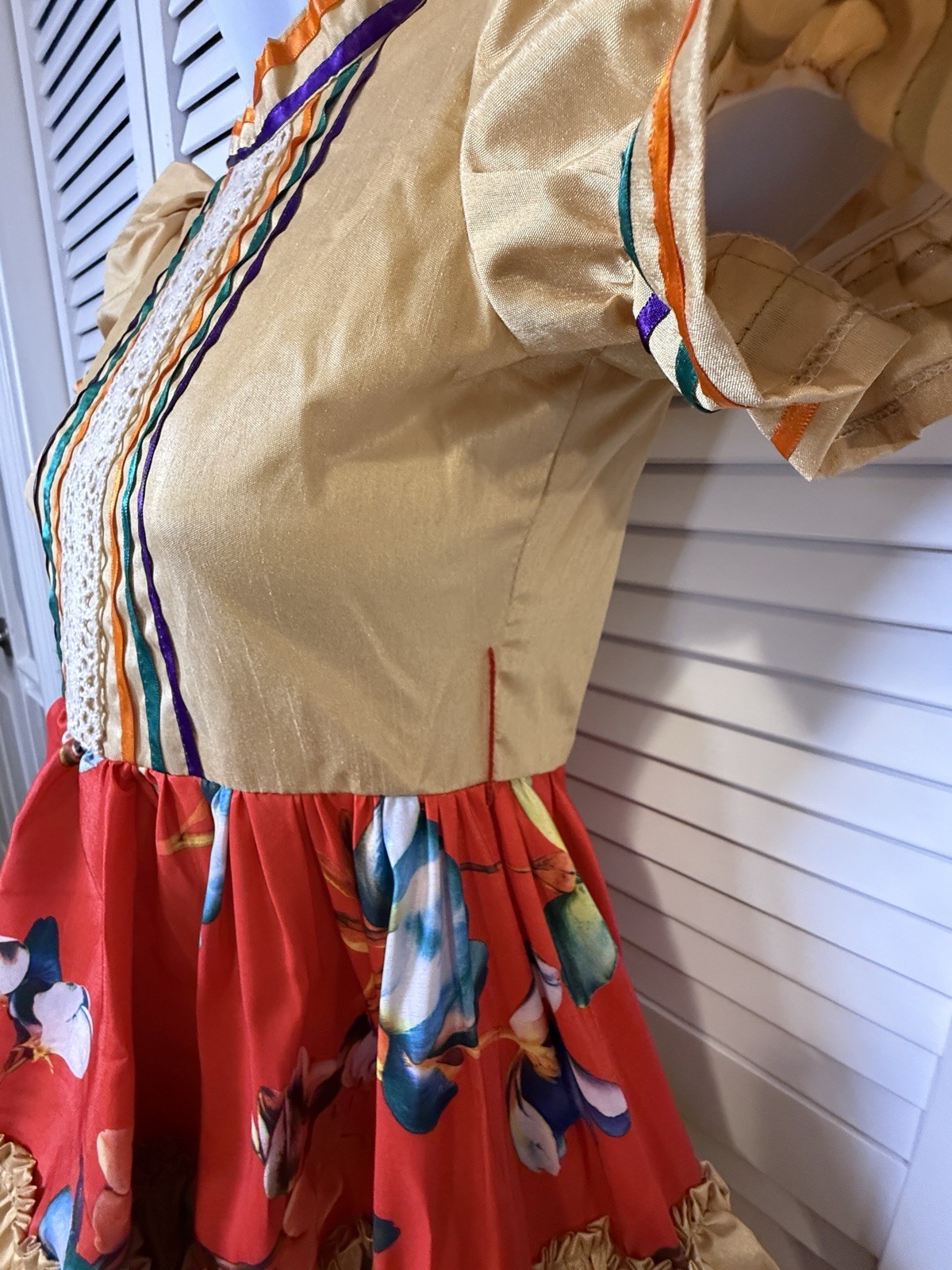 Mexican Folkloric Dance Dress Gold With Purple Orange Ribbon Older Child