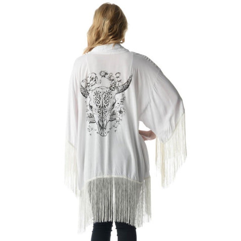 NEW Haute Hippie Boho Western Fringe Black White Kimono Bull Gypsy Women Large