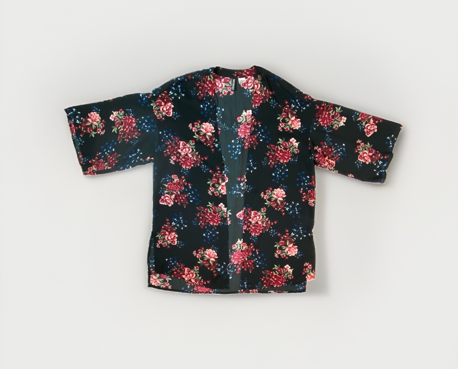 Divided by H&M women’s XS black floral 3/4 sleeves open front cardigan kimono