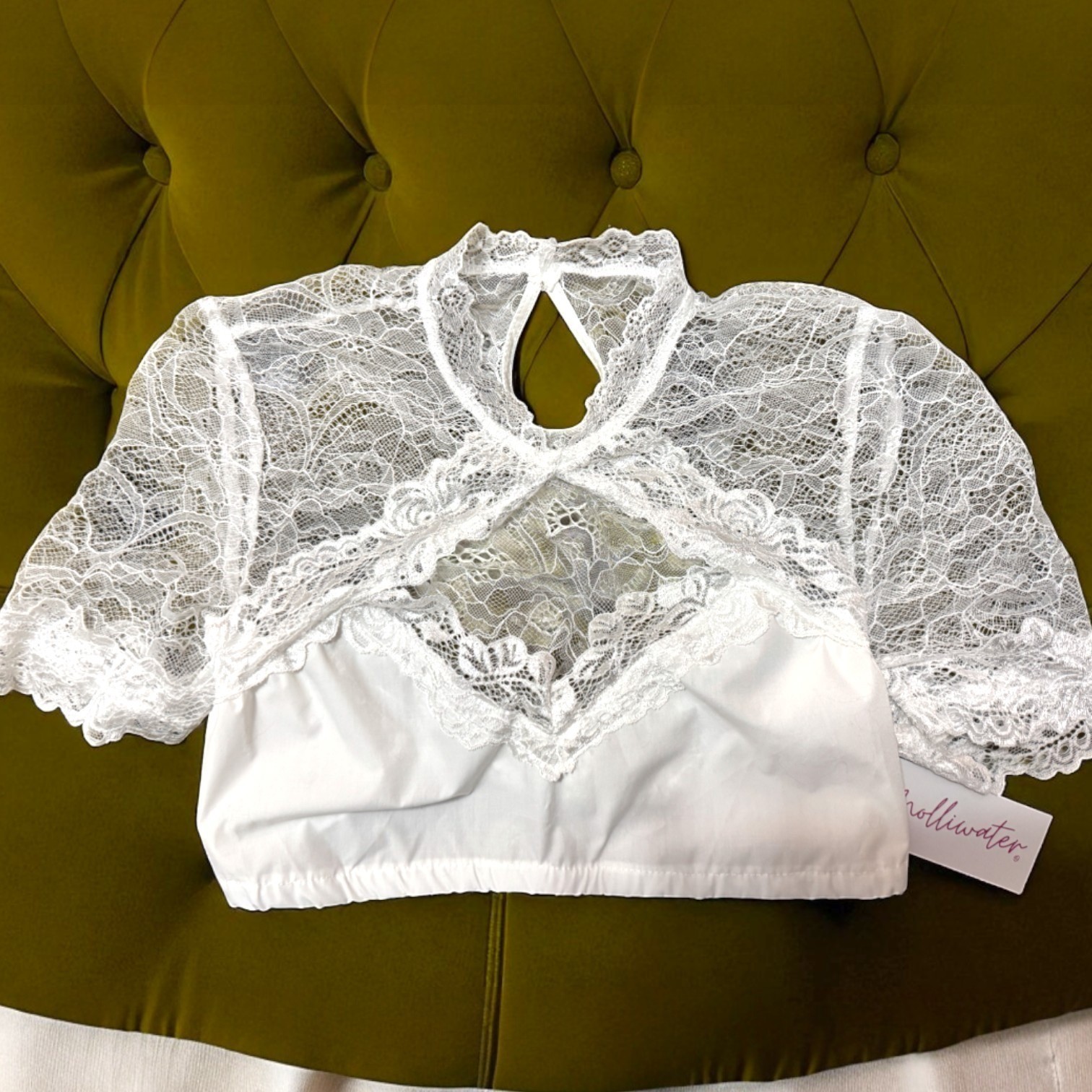 New Medium White Lace Dirndl Blouse High Keyhole Neck Vneck Top Oktoberfest