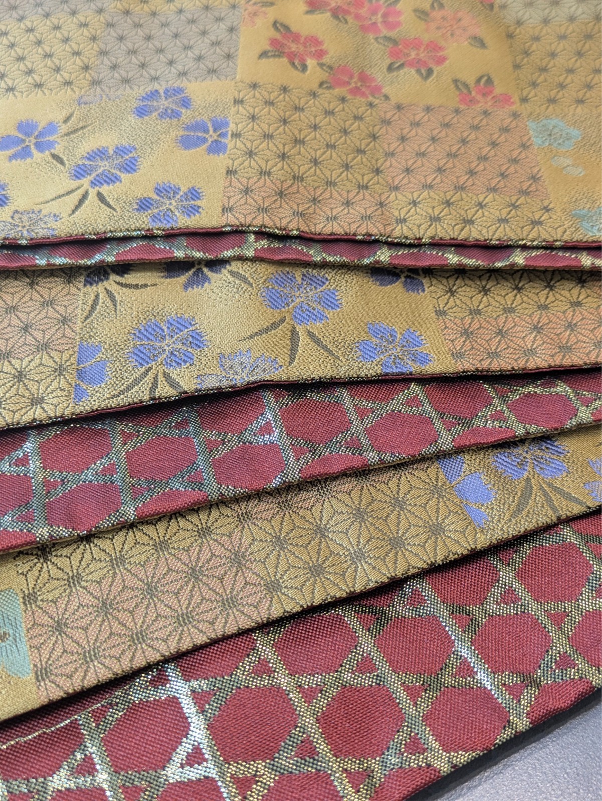 Japanese Kimono Half Obi Gold Red Reversible Floral Geometric Washable Material