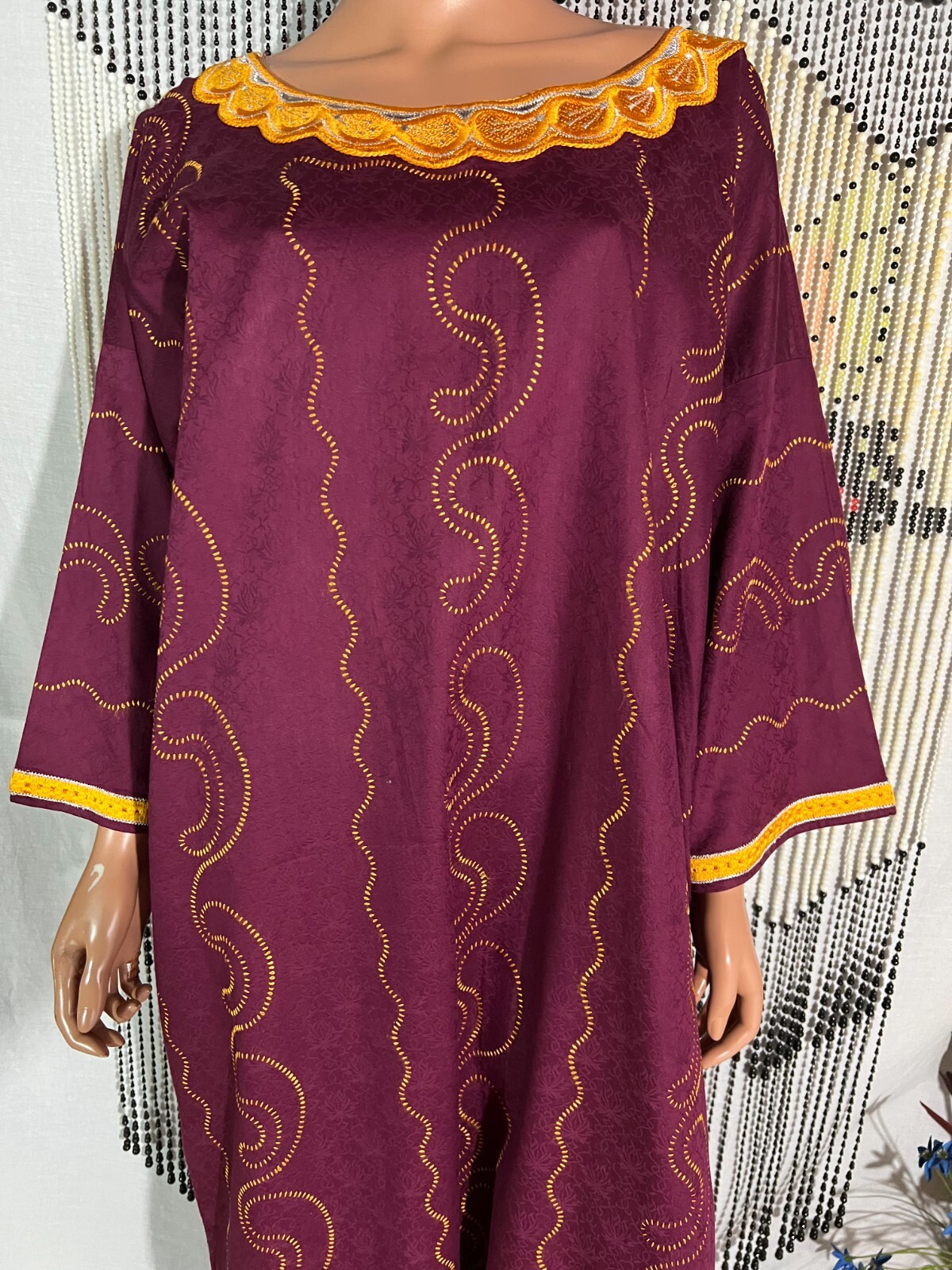 Unisex Men Women Kaftan Long Robe Gnana Africa Burgundy Embroidery Free Chest 56