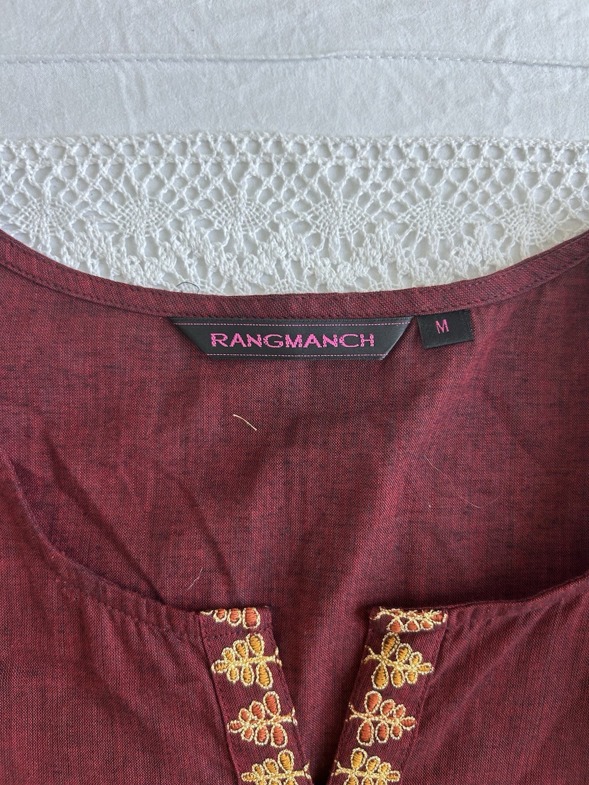 Rangmanch Maroon Cotton Kurta Tunic Medium M Gold Embroidered V-Neck Women’s