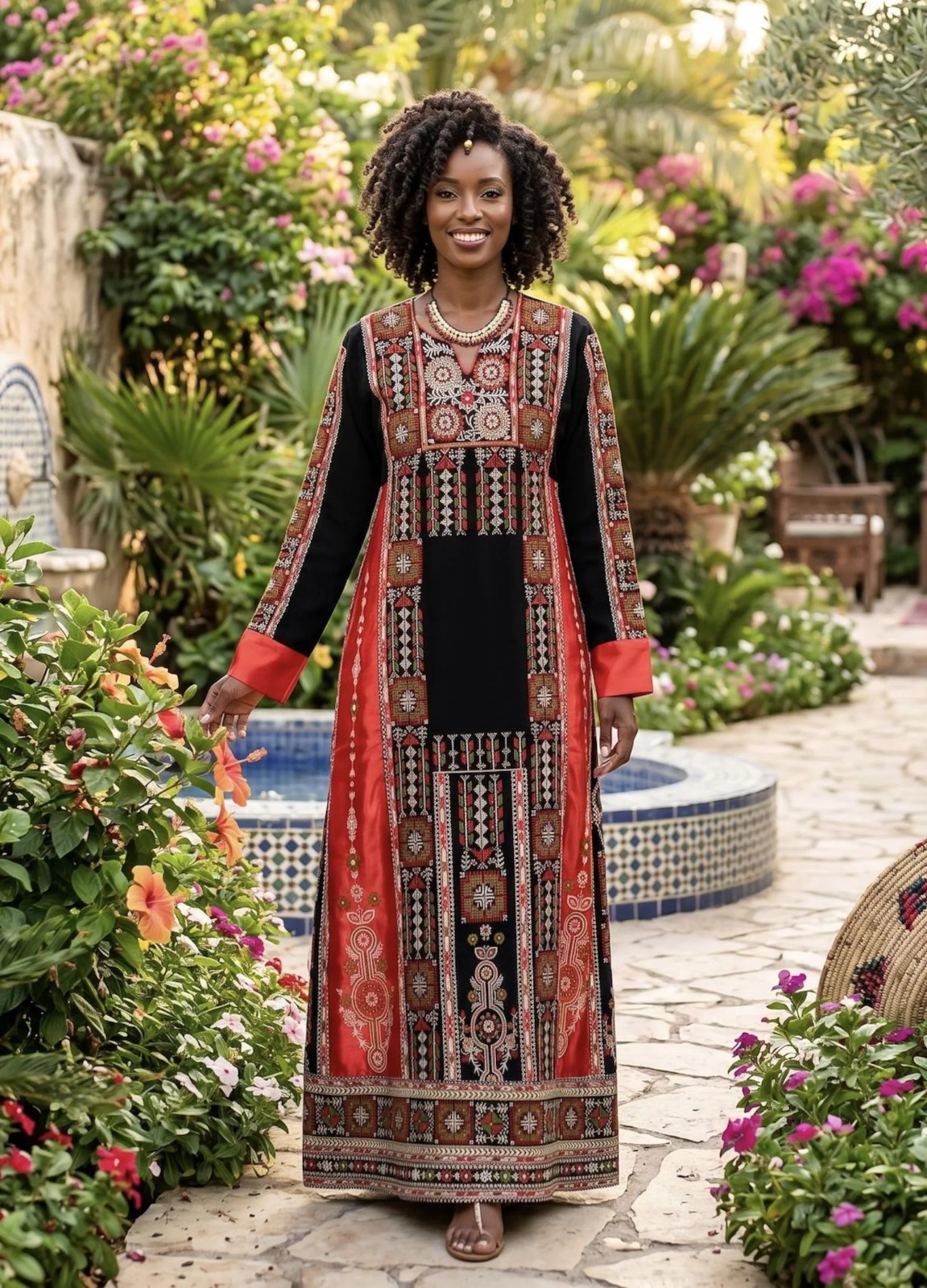 Palestinian Tatreez Thobe – Red Satin Panel & Embroidered Maxi Dress – Abaya