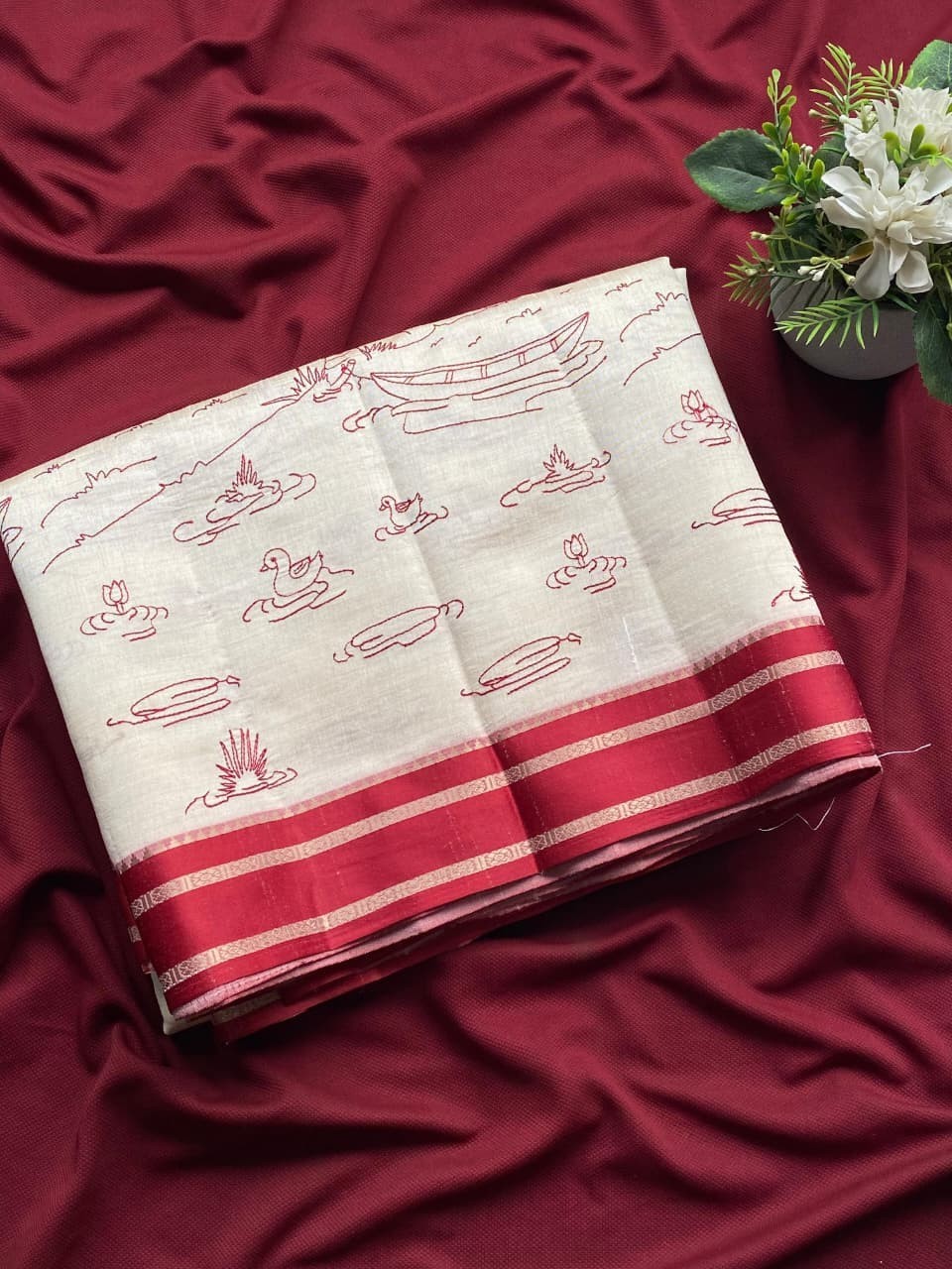 Off White Handloom Cotton Silk Saree Kalamkari Scenic Border 6.3M Festive Wear