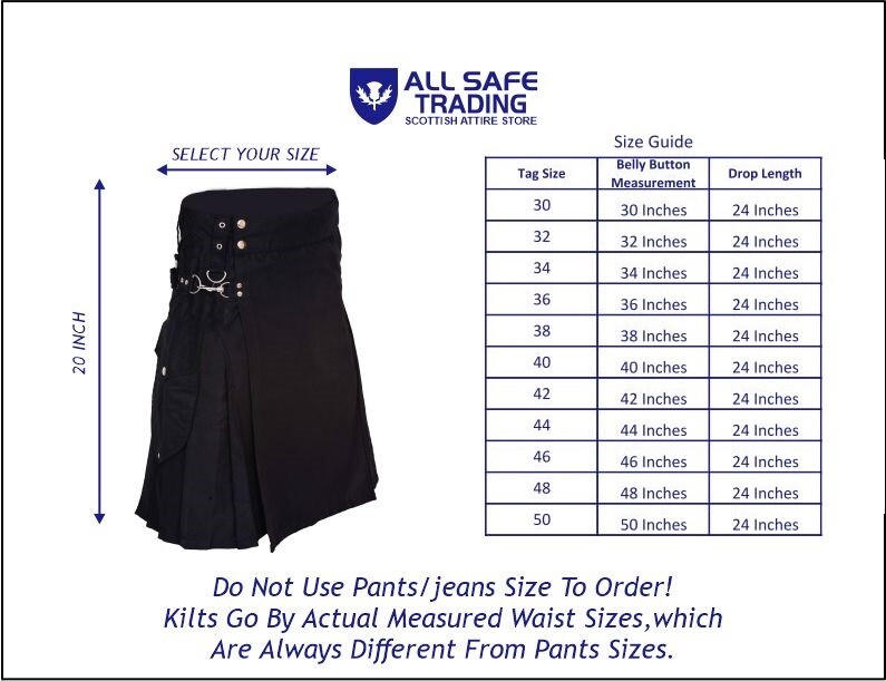 Handmade Active Men’s Black cargo pocket utility kilt 100% COTTON