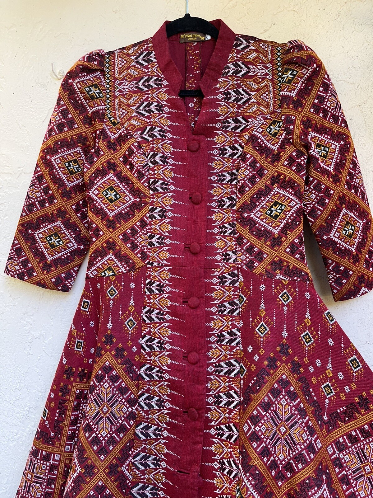 Bohemian VTG Red Handwoven Dress Praewa Silk Fabric Button-Front Maxi Thailand S