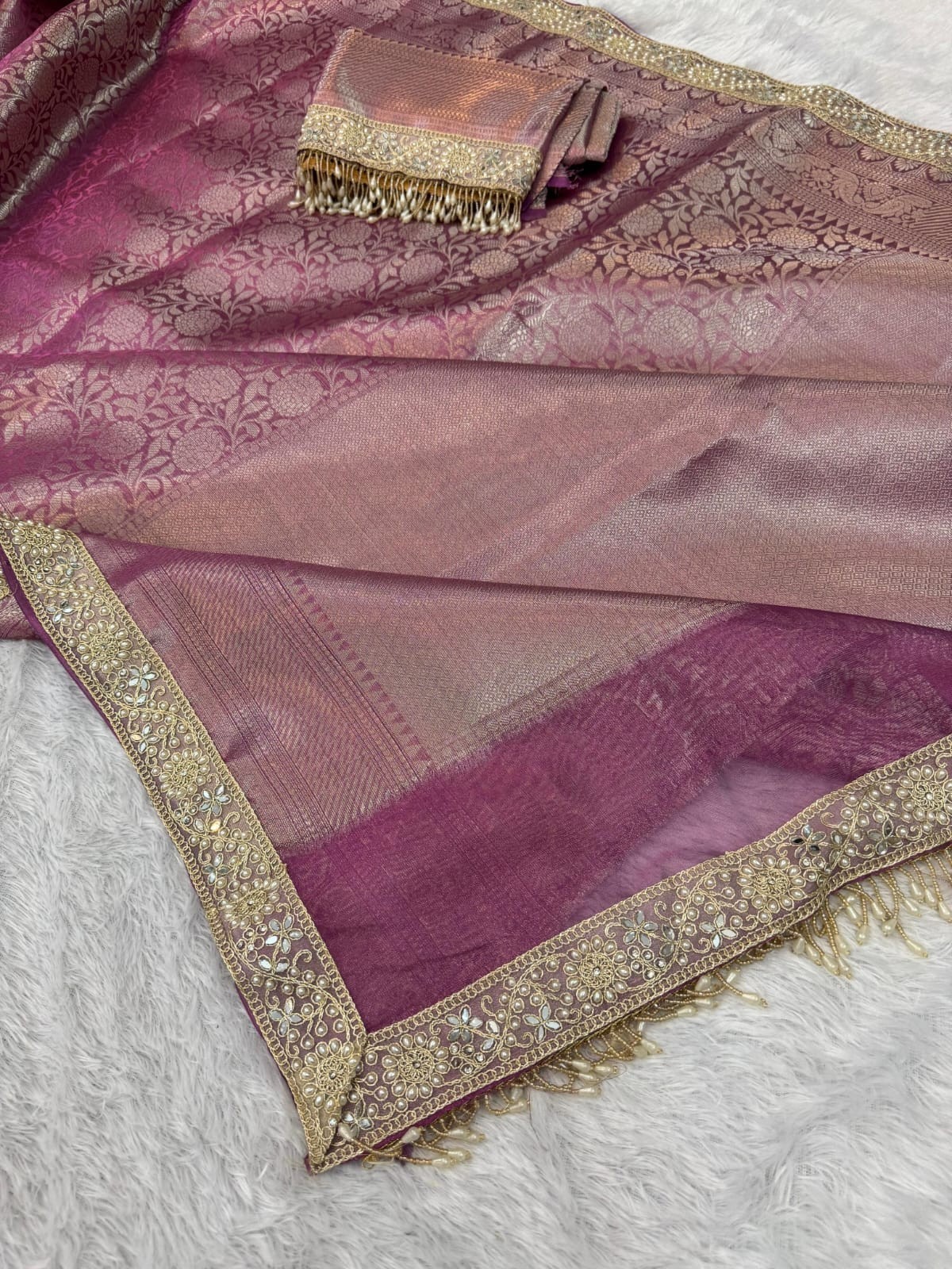 Banarasi Soft Tissue Silk Saree Designer Lace Border Indian Wedding Party Sari