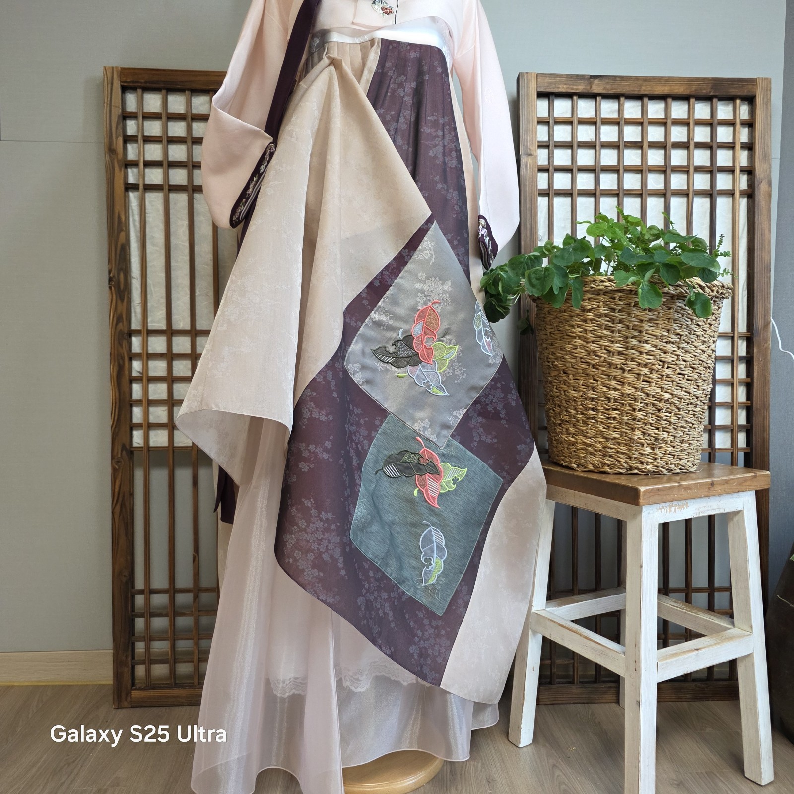 Korean Women Hanbok Set Blush Pink Jeogori Deep Plum Chima Embroidery Full Set