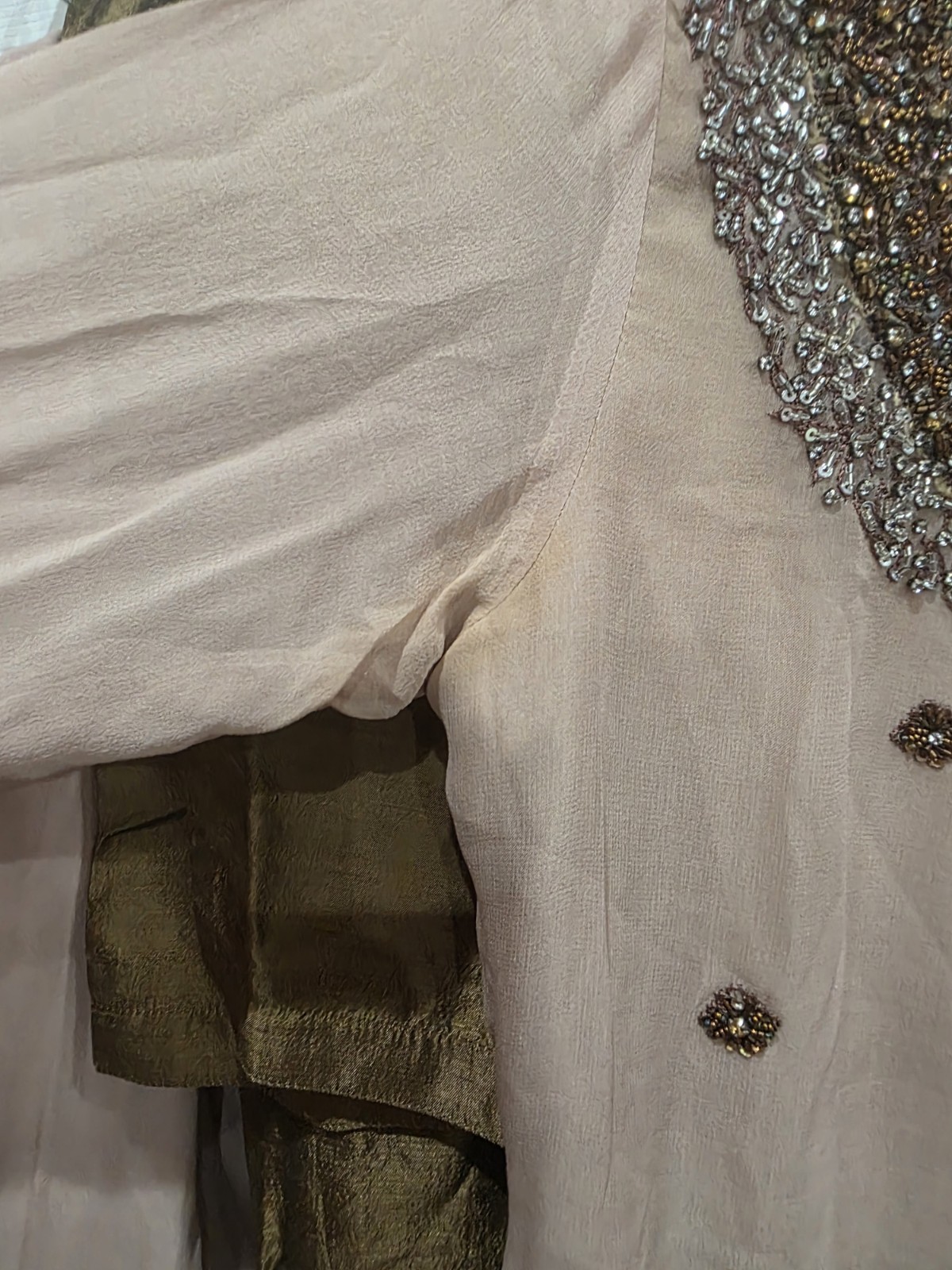 Embroidered Salwar Kameez Suit Silk Shalwar Kameez Dupatta Khaki M 19.5″ Chest