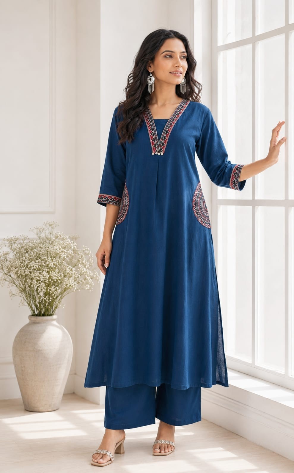 Ethnic motifs Thread work Cotton Kurta with Palazzo. Colour – Blue/Yellow/Red