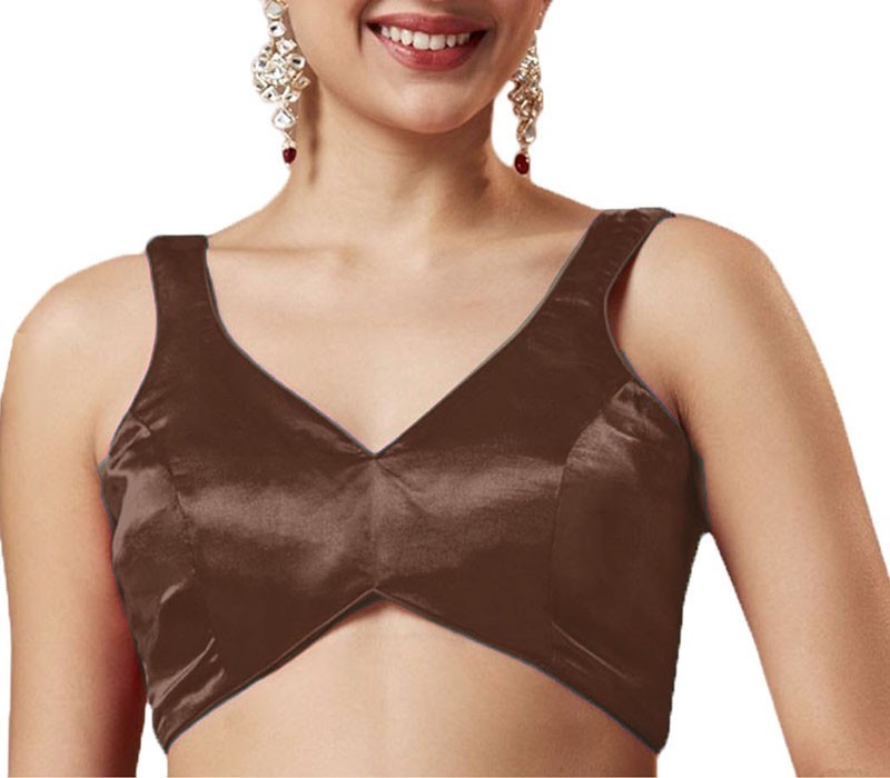 Satin Blouse Saree Sleeveless V-Neck Readymade Padded Choli Women