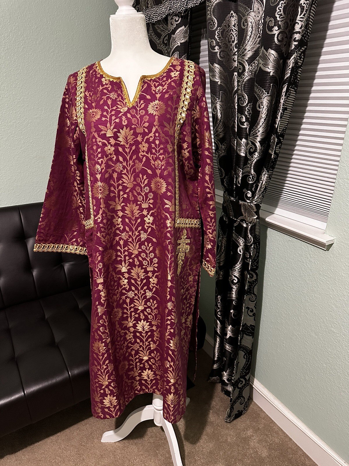 PAKISTANI BRAND CROSS STITCH MAGENTA AND GOLD COLOR JACQUARD FABRIC LONG SHIRT