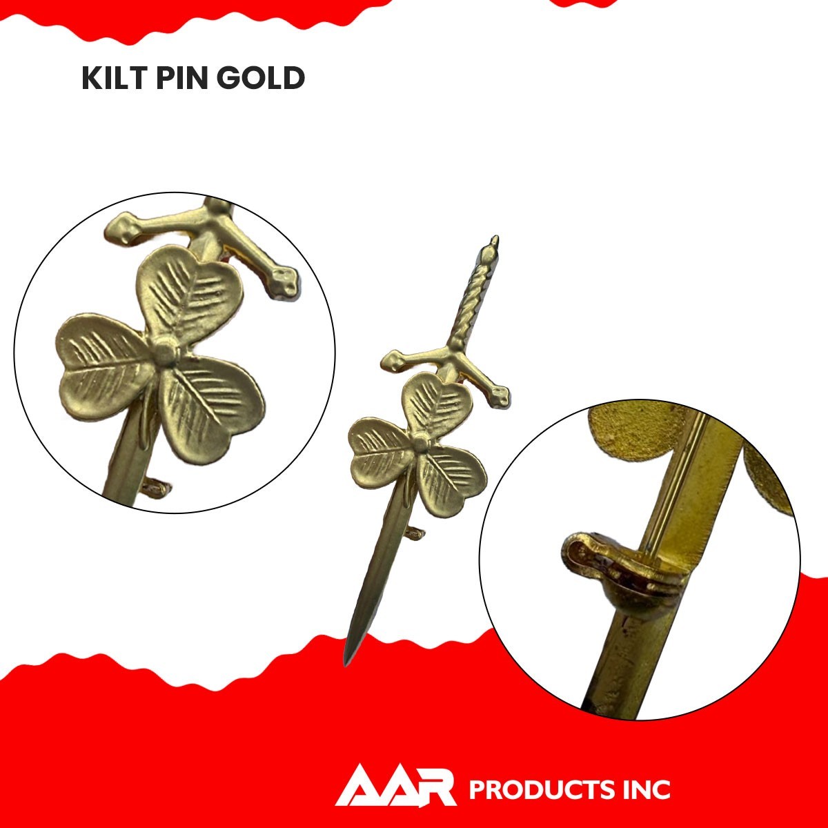 Kilt Pin Shamrock Irish Brand New AAR Sporrans Color Gold Finish Size 4″