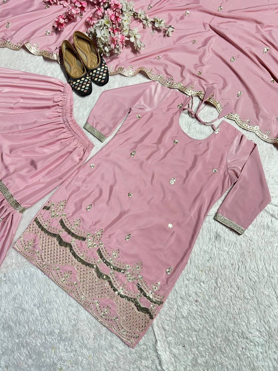 Beautiful Look Neutral Silk Light Pink Top Palazzo And Dupatta For Festival Wear
