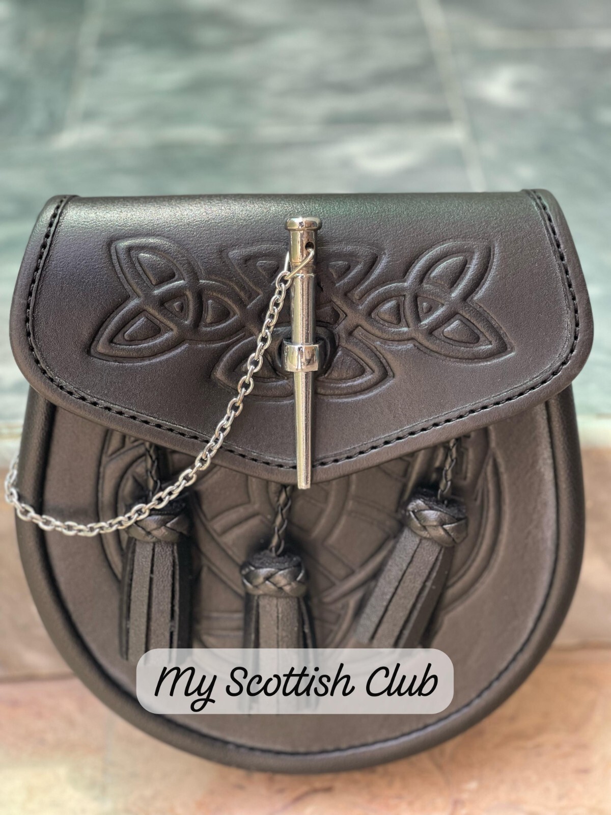 Men’s Kilt Sporran Scottish Celtic Embossed Pin Lock Black Kilt Sporran