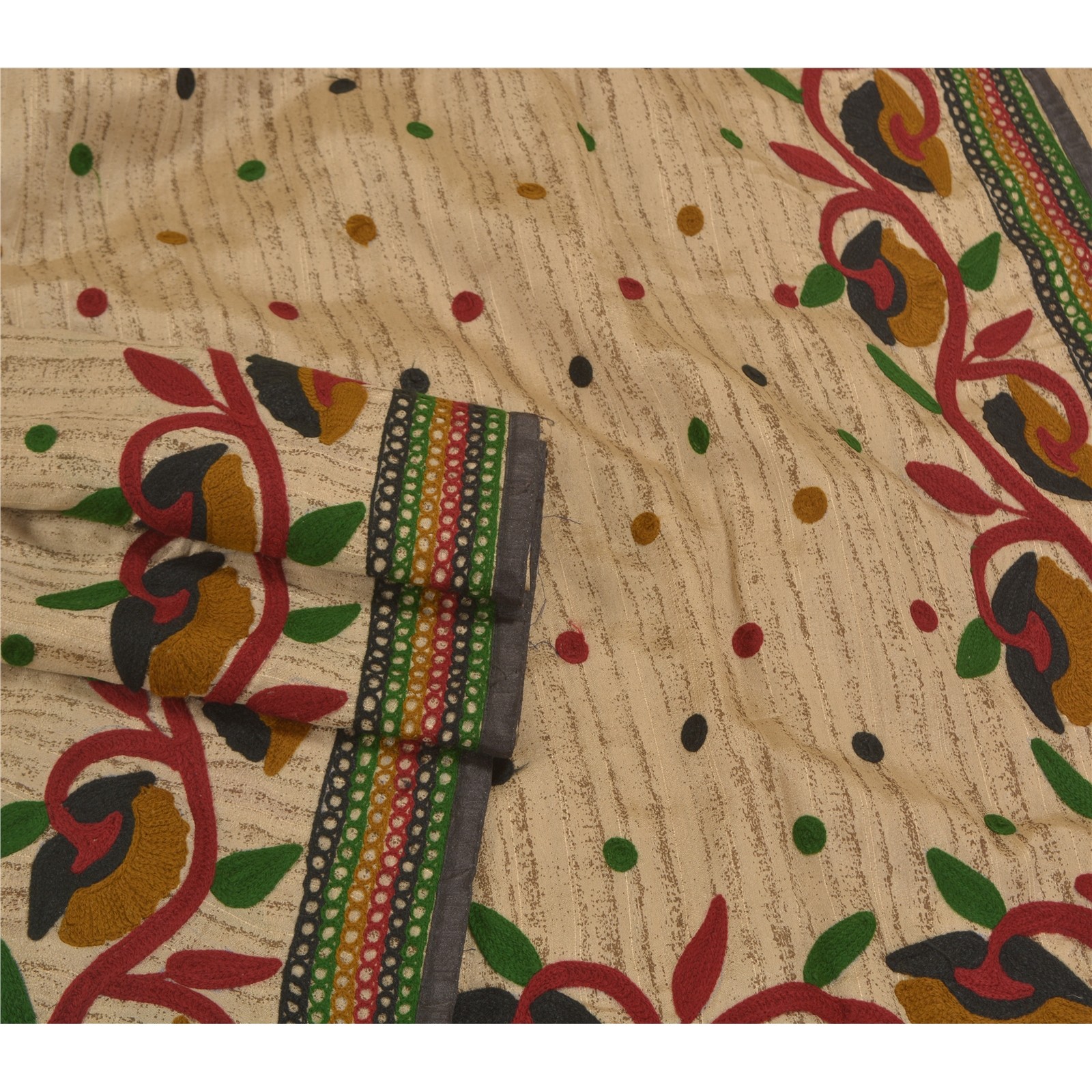 Sanskriti Vintage Ivory Sarees Art Silk Hand Embroidered Premium Sari Fabric