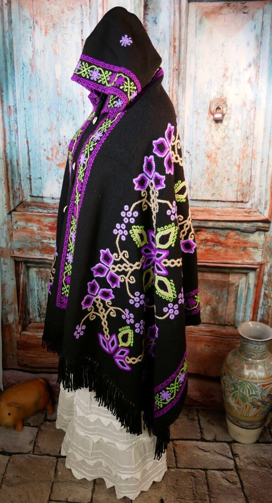 Hooded Poncho Serape Handwoven Hand Embroidered Mazahua Indigenous Mexican Folk