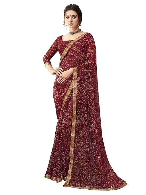 Women’s Bandhani Printed & Lace Chiffon Saree with Blouse