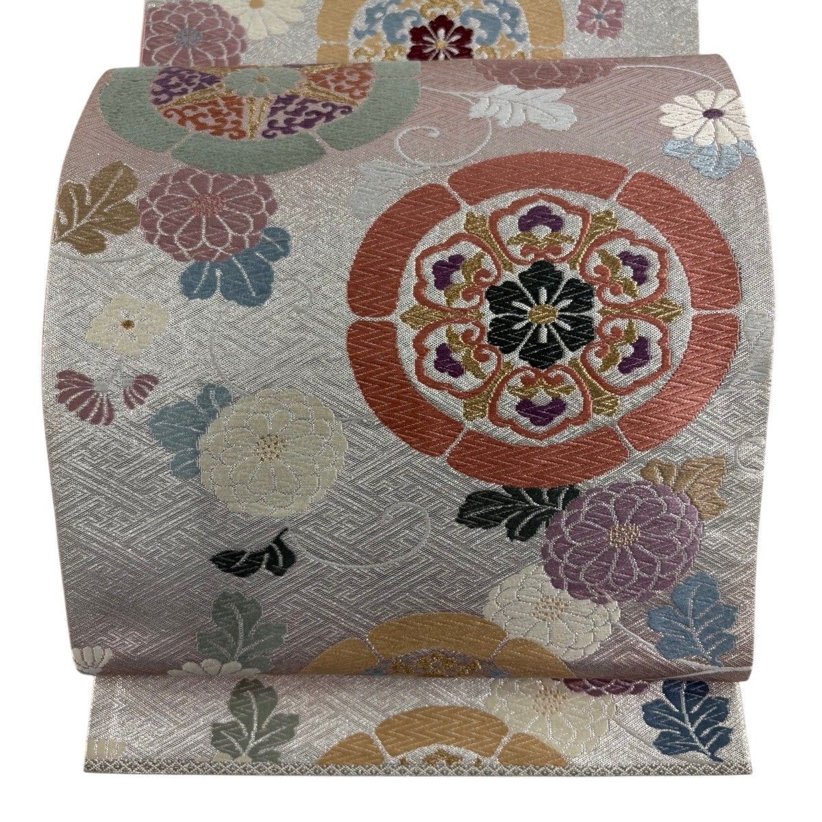 Fukuro Obi Kansai Tailoring Six Panel Foil Floral Medallion Chrysanthemum Light