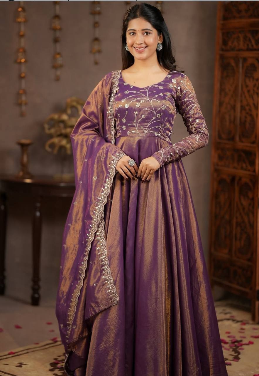 Heavy Cosmos Silk Purple Gown Bottom With Dupatta For Traditional Wear