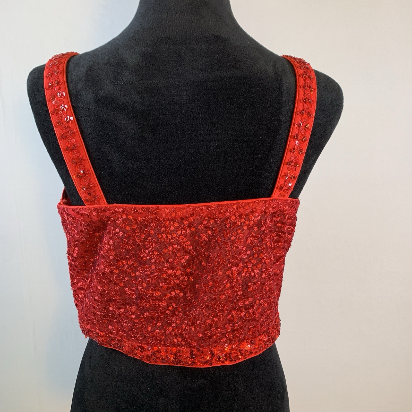 Red Silk Choli Blouse Sheer Back Floral Lace Red & Clear Sequins 15″ Band NWOT