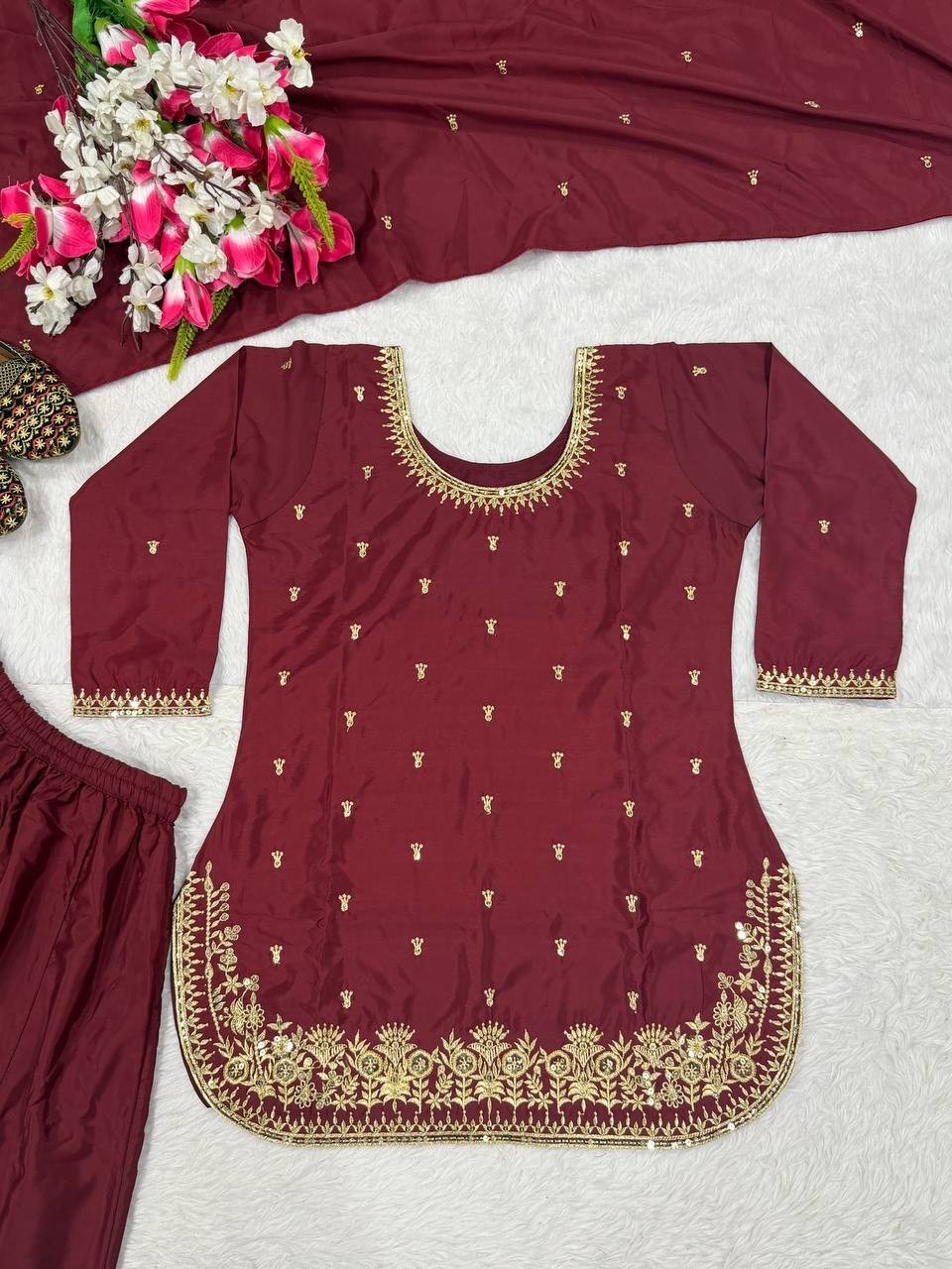 Latest Natural Crepe Silk Maroon Top Palazzo With Dupatta For Reception Wear