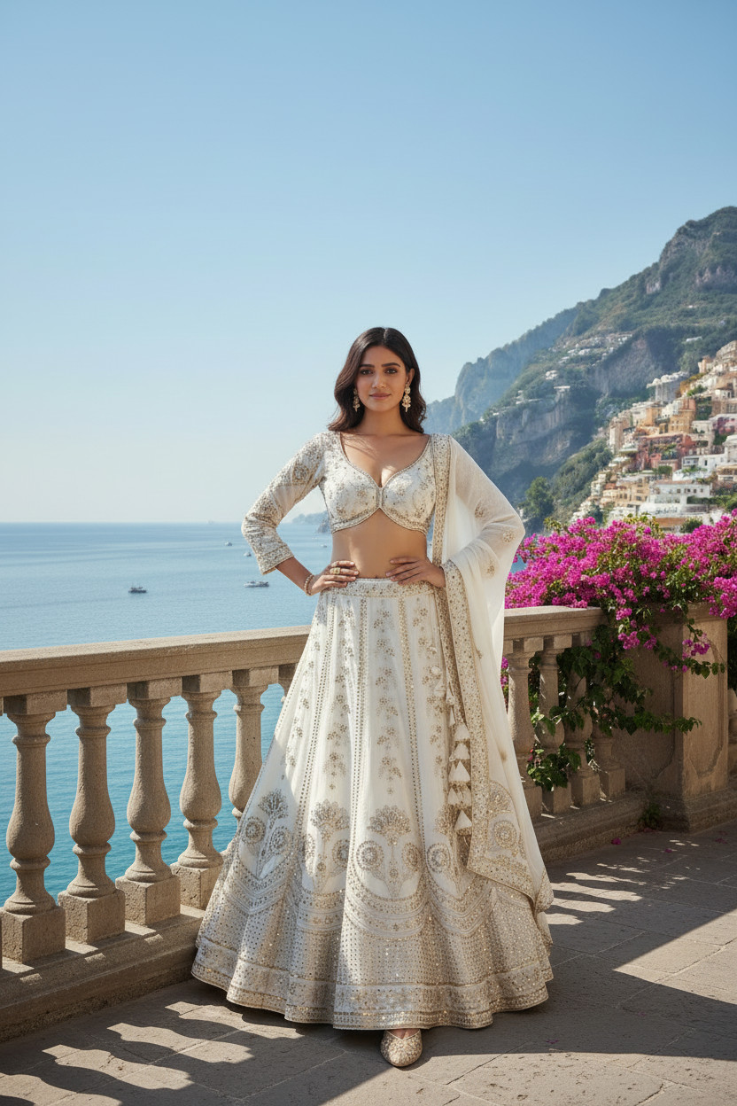 Wonderful Milky White Silk Embroidered Lehenag choli Party wear Ghaghra choli