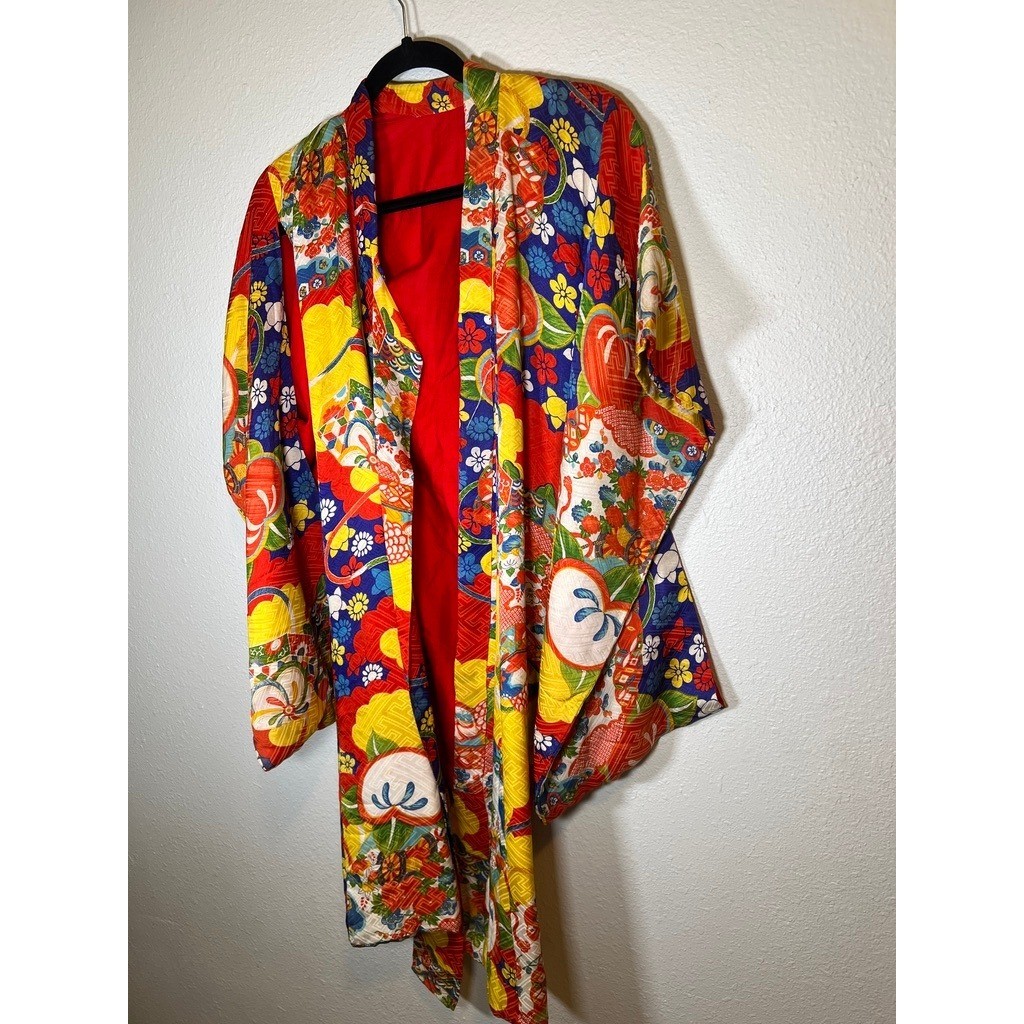 Vintage 70s Handmade Kimono Robe Japanese Childrens Multicolor Floral Fruit