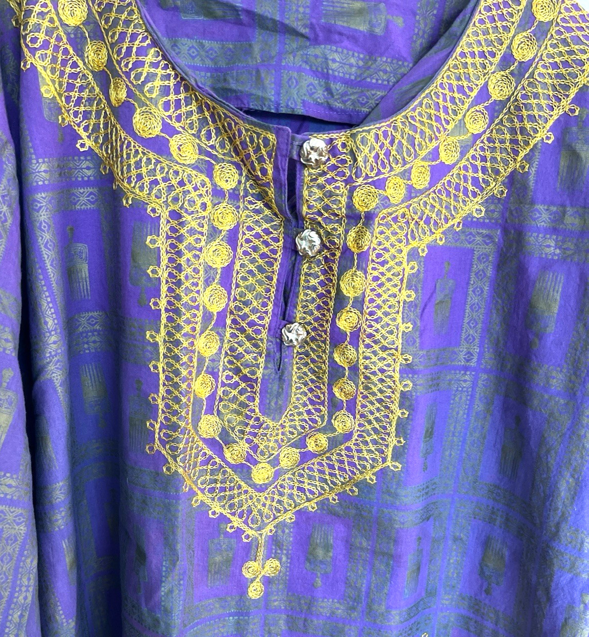 Indian Tunic Grey Purple Print Gold Trim Kurta Kurti Tunic Top READ