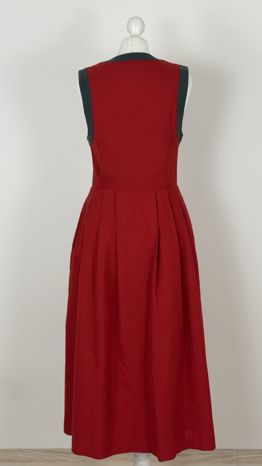 Vintage Linen Blend Dirndl Folk Midi Dress Red Austria Size M