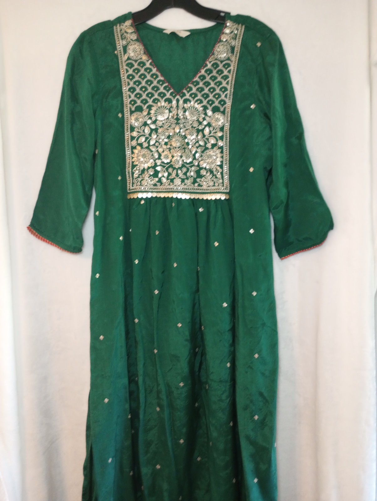 Green Metallic India Gold Embroidery Modest Basic Kurta Dress Ceremony Outfit