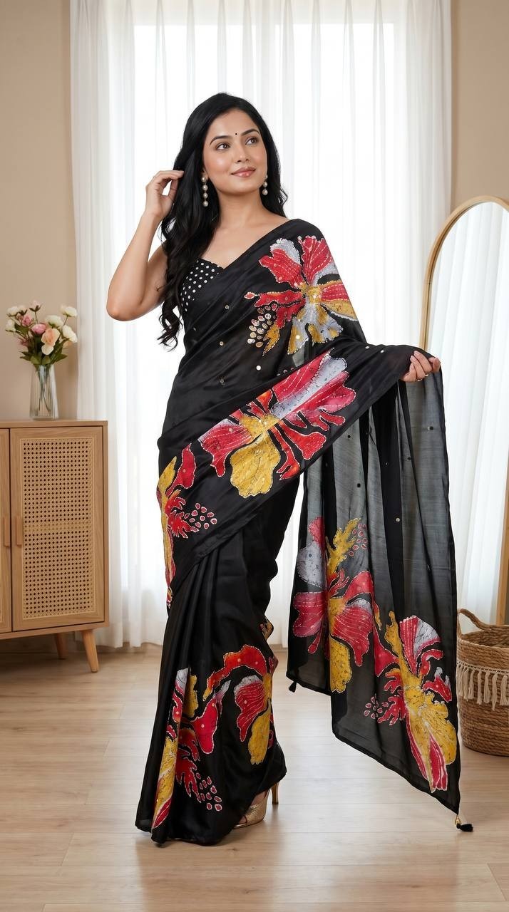 Semi Model Silk Saree Real Mirror Work Floral Print Ethnic Indian Saree Blouse