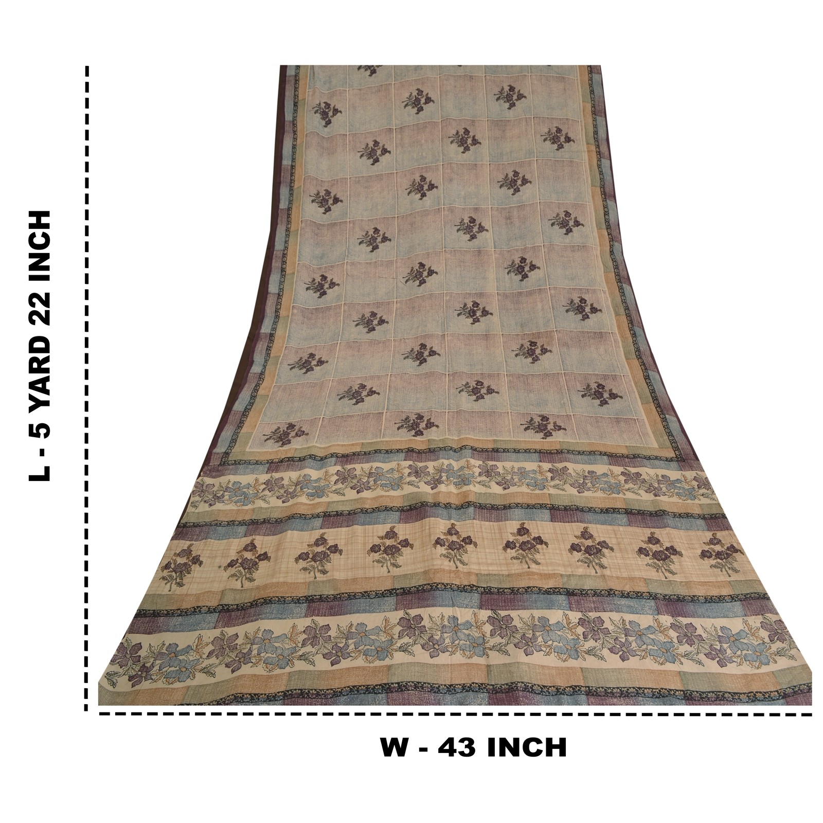 Sanskriti Vintage Sarees Pale-Cream Pure Crepe Silk Printed Sari Craft Fabric