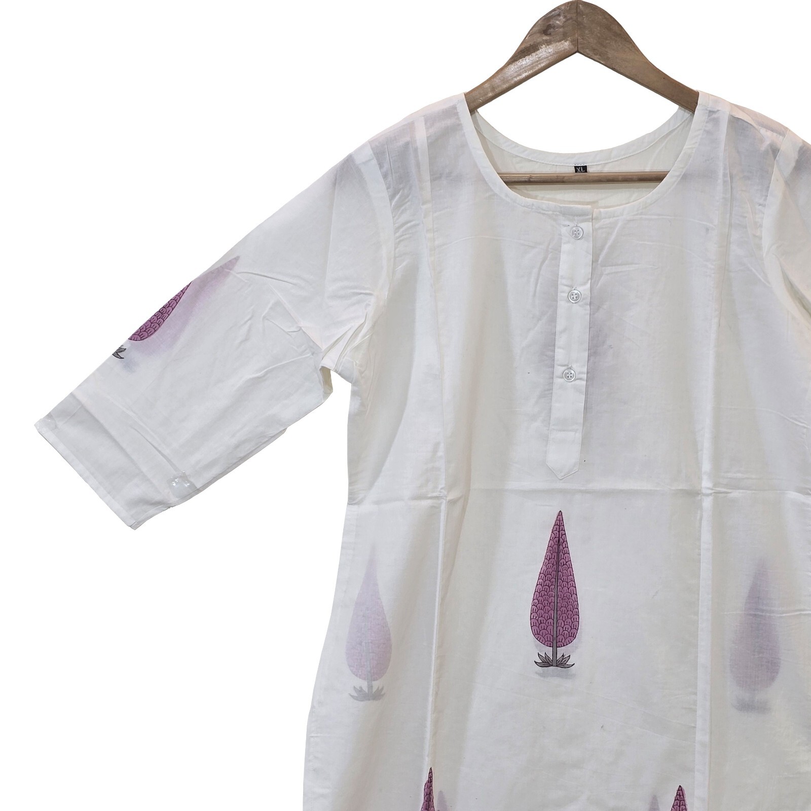 Hand Block Print Floral Top Jaipuri White Floral Mid Length Kurta Indian Cotton