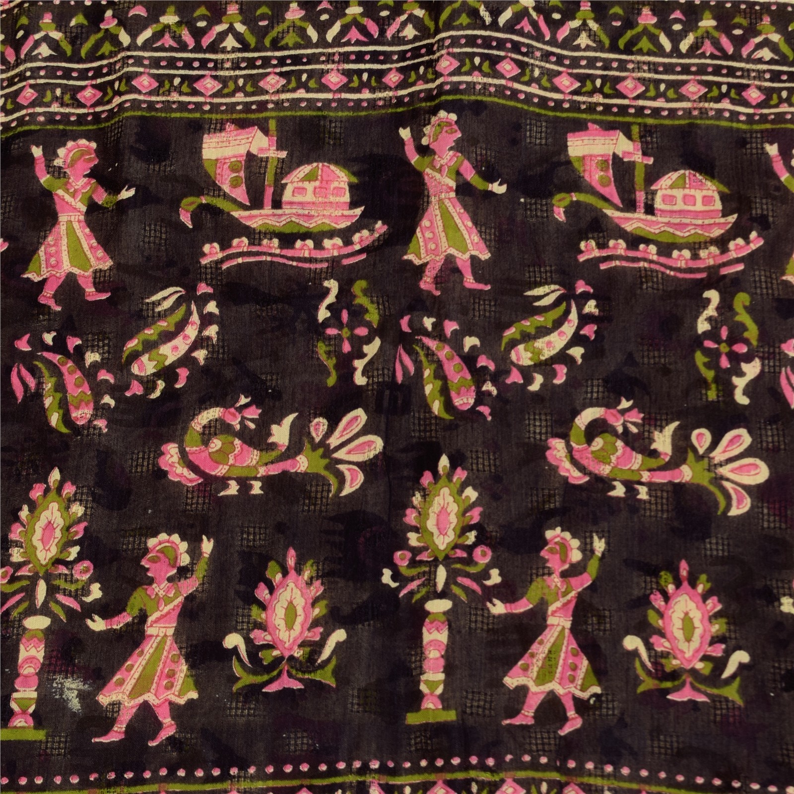 Sanskriti Vintage Sarees Ivory Pure Cotton Animal Human Printed Sari 5+Yd Fabric