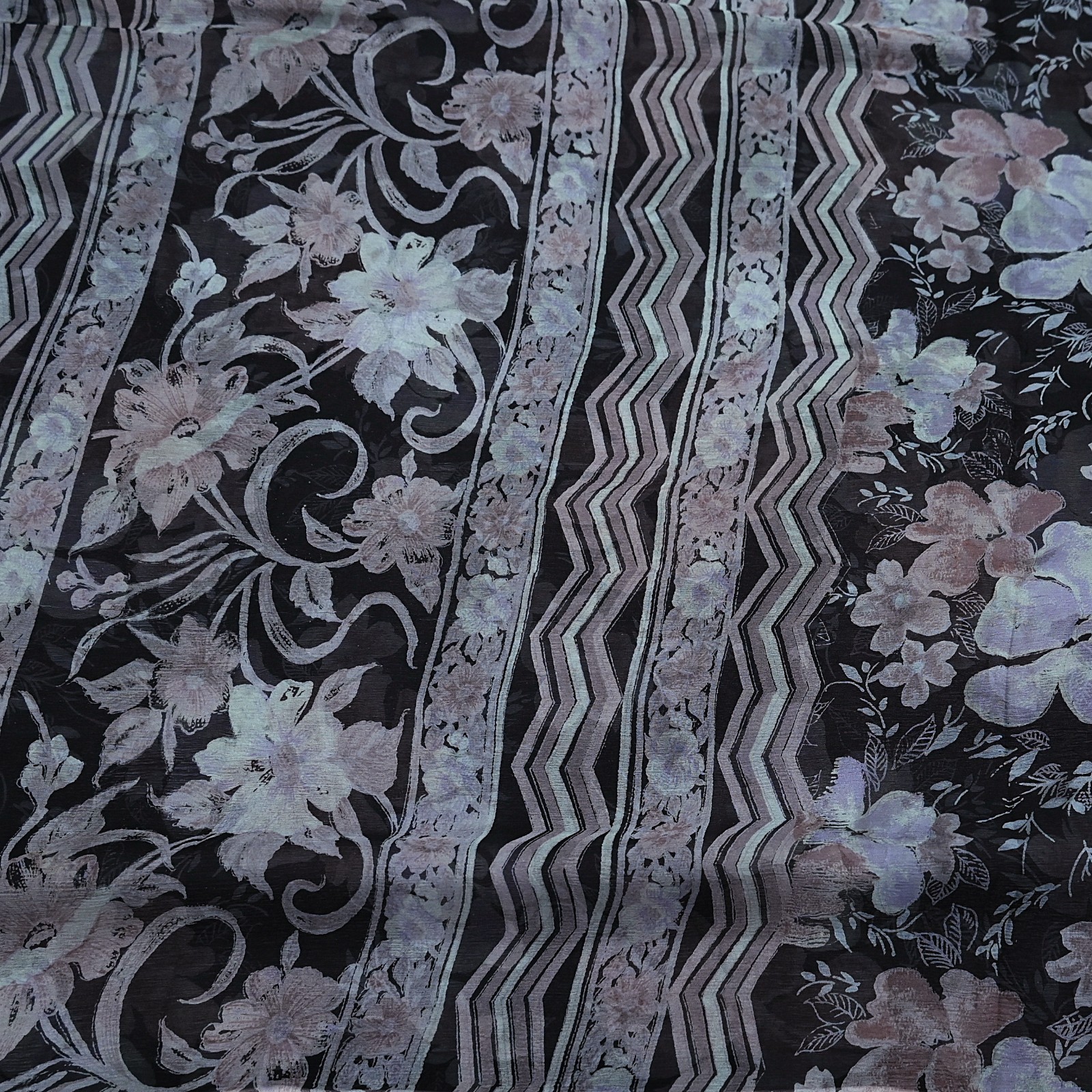 Vintage Saree Black Pure Chiffon Silk Printed Sari Craft Fabric Sewing 5Yd Soft