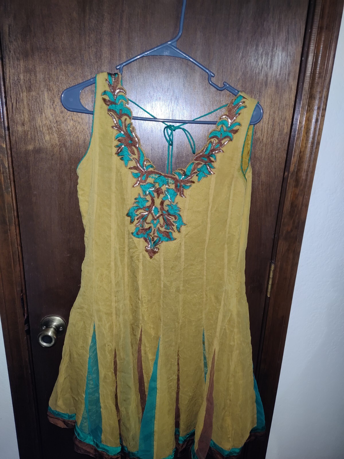 Homemade Asian Cotton A Line Dress/Tunic Gold Green Brown Sleeveless
