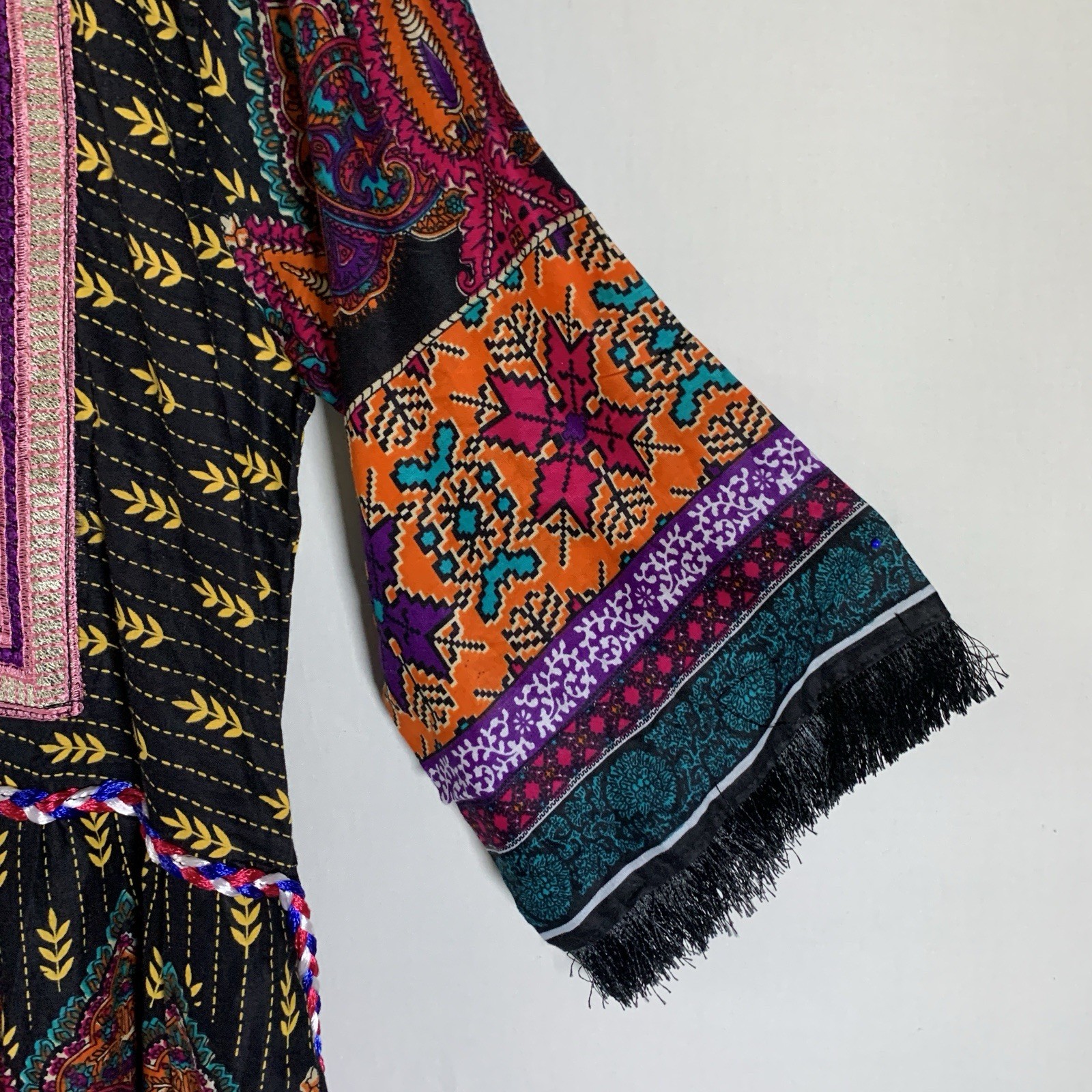 Authentic Afghani Dress Sz Small Cotton Lawn Floral Fringe Ethnic Boho NWOT